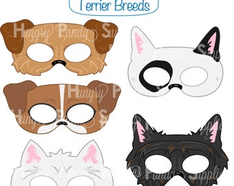 Terrier Dog Breed Printable Masks, terrier mask, bull terrier mask, airedale mask, jack russel mask, dog mask, puppy mask, dog costume masks