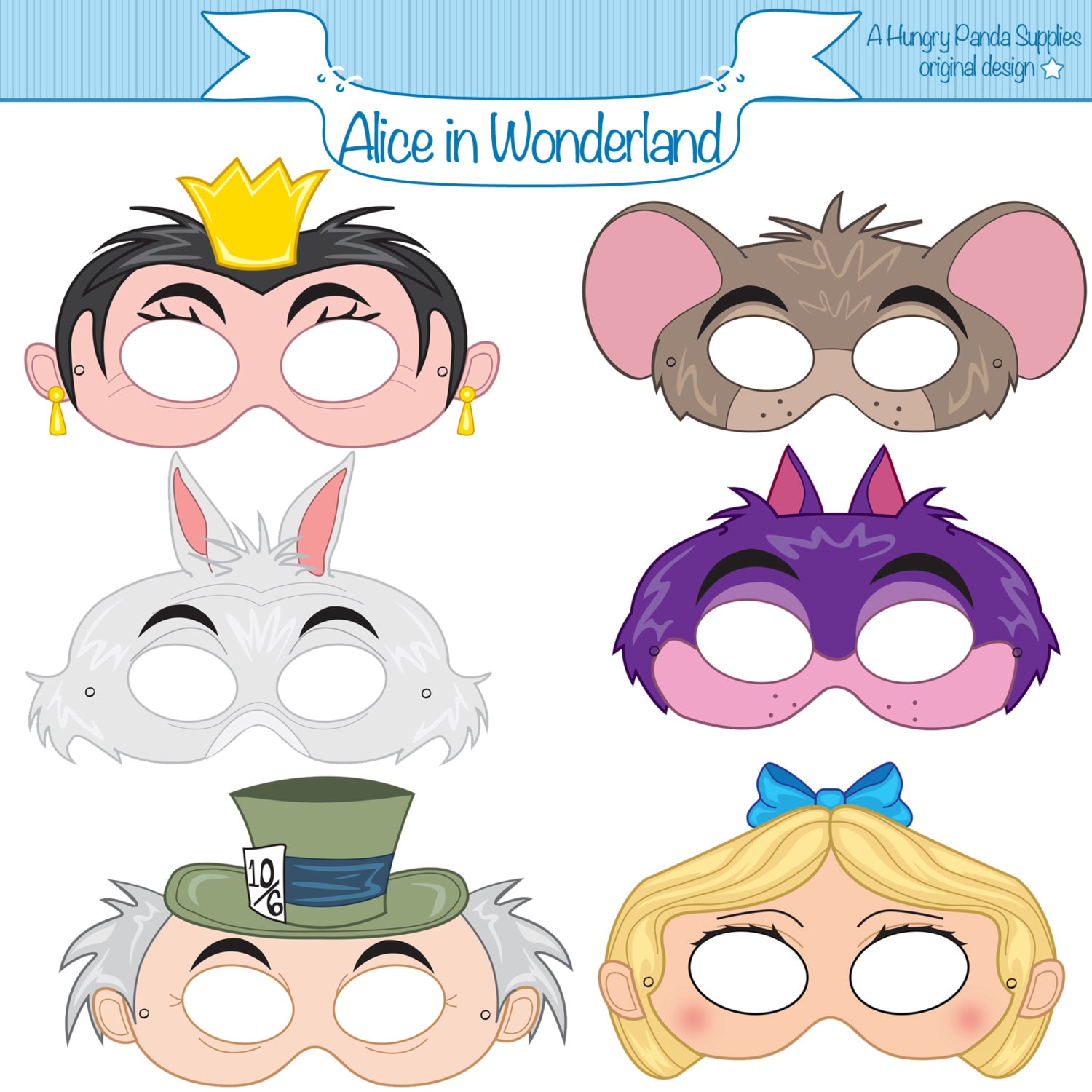 Alice in Wonderland Printable Masks, alice mask, cheshire mask, white rabbit mask, wonderland party, alice costume, mad hatter, dormouse