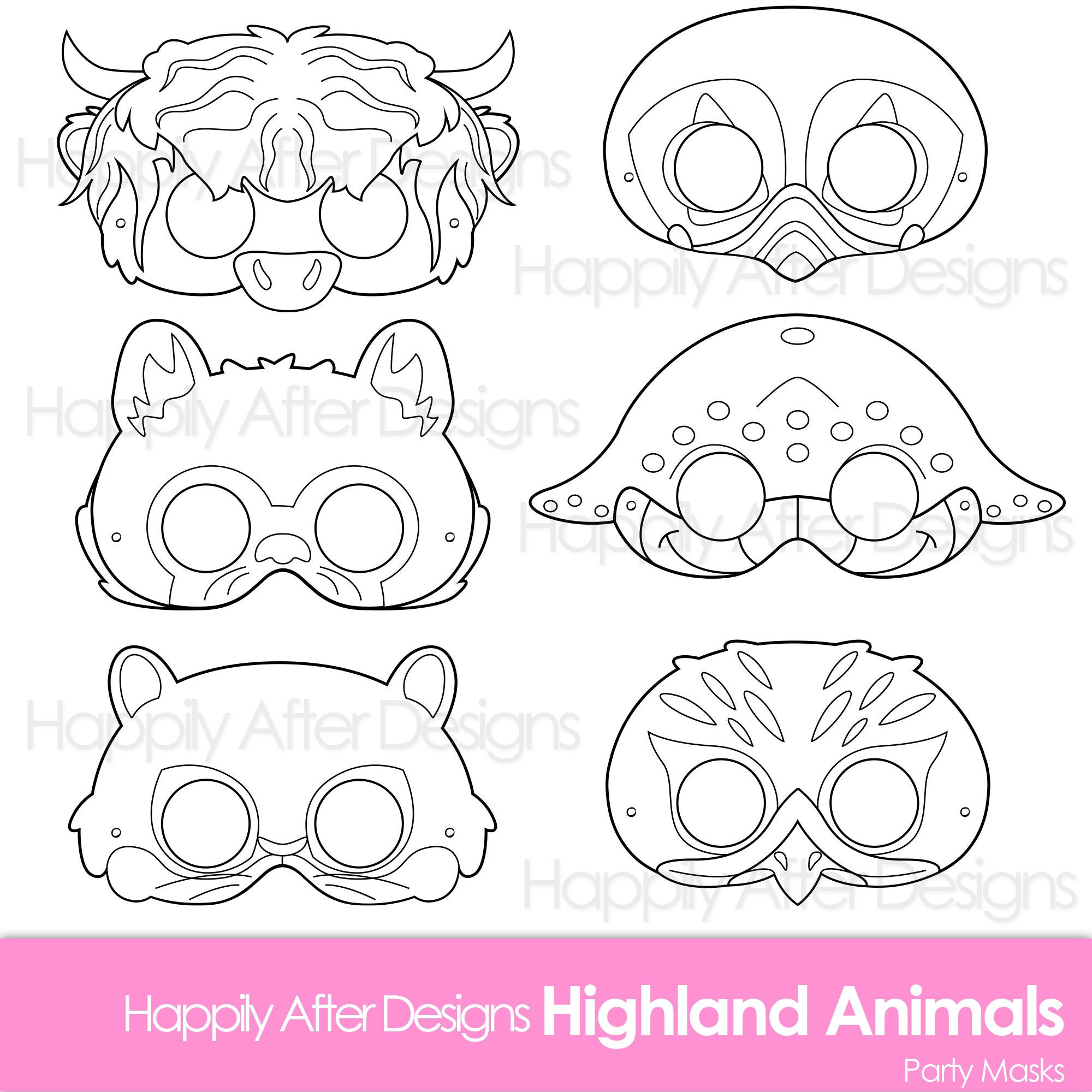 Highland Animals Printable Coloring Masks - Highland Cow - Puffin -…