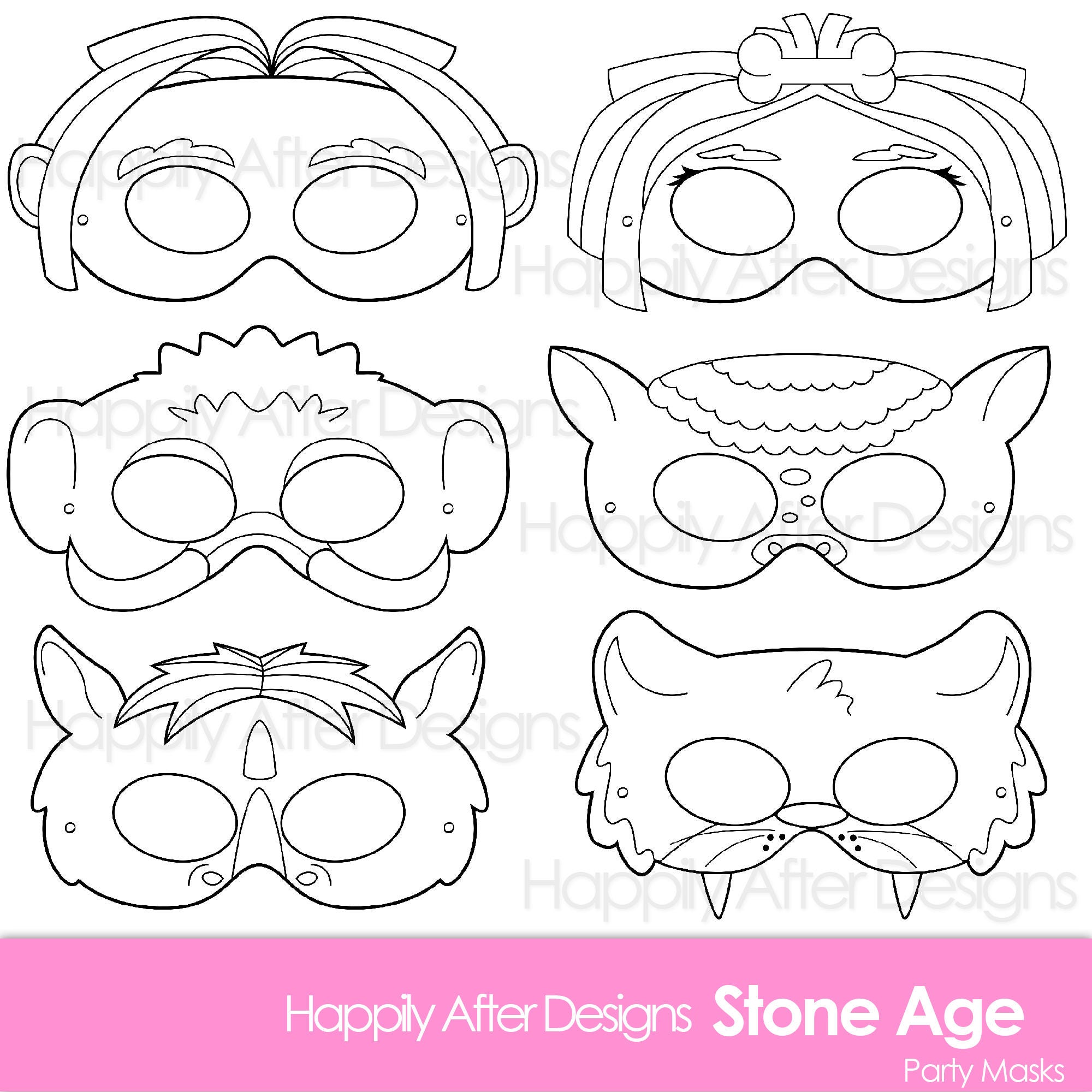 Stone Age Printable Coloring Masks, caveman mask, cavewoman mask, printable masks, mammoth mask, rhino mask, ice age mask, prehistoric