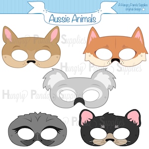 Pode incluir: Conjunto de cinco máscaras de animais australianos imprimíveis. As máscaras são de um dingo, um coala, um wombat, um equidna e uma raposa. As máscaras são desenhos de linhas em preto e branco com orifícios para os olhos recortados.