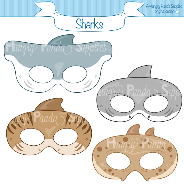 Sharks Printable Masks, shark mask, tiger shark, greate white, hammerhead shark, print mask, shark party, shark costume, shark week, sharks