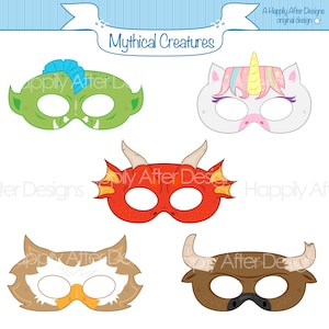 Könnte beinhalten: Satz von fünf druckbaren Masken mit mythischen Kreaturen. Die Masken sind ein grüner Oger, ein weißes Einhorn, ein roter Drache, eine braune Eule und ein brauner Stier. Die Masken sind alle im Cartoon-Stil gehalten und haben große Augen.