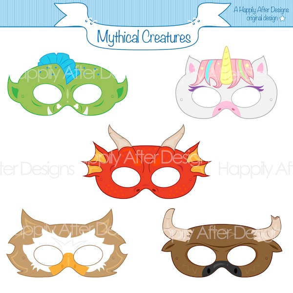 Máscaras Imprimibles de Criaturas Míticas, unicornio, máscara de dragón, máscara de minotauro, troll, grifo, felino, disfraz de criatura, halloween, cuento de hadas