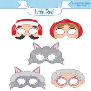 May include: Set of five printable masks featuring characters from the fairy tale Little Red Riding Hood. The masks include Little Red Riding Hood, the wolf, the grandmother, and the woodcutter. The masks are designed to be cut out and worn.