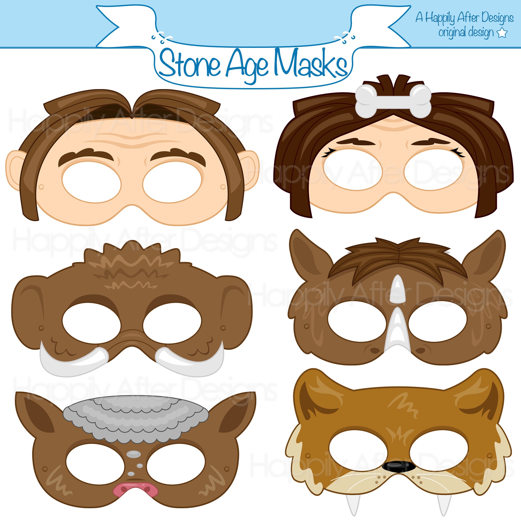 Stone Age Printable Masks, Caveman Mask, Cavewoman Mask, Mammoth Mask