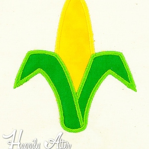 May include: A yellow corn cob with green husks. The corn cob is outlined in yellow and the husks are outlined in green.