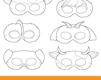 Barnyard Animals Printable Coloring Masks, farm animal mask, animal costume, cow mask, sheep mask, goat mask, pig mask, horse mask