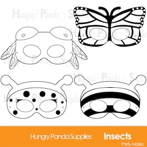 May include: Four black and white insect masks for kids. The masks are of a butterfly, ladybug, bee, and a frog. The masks are ready to be colored in.