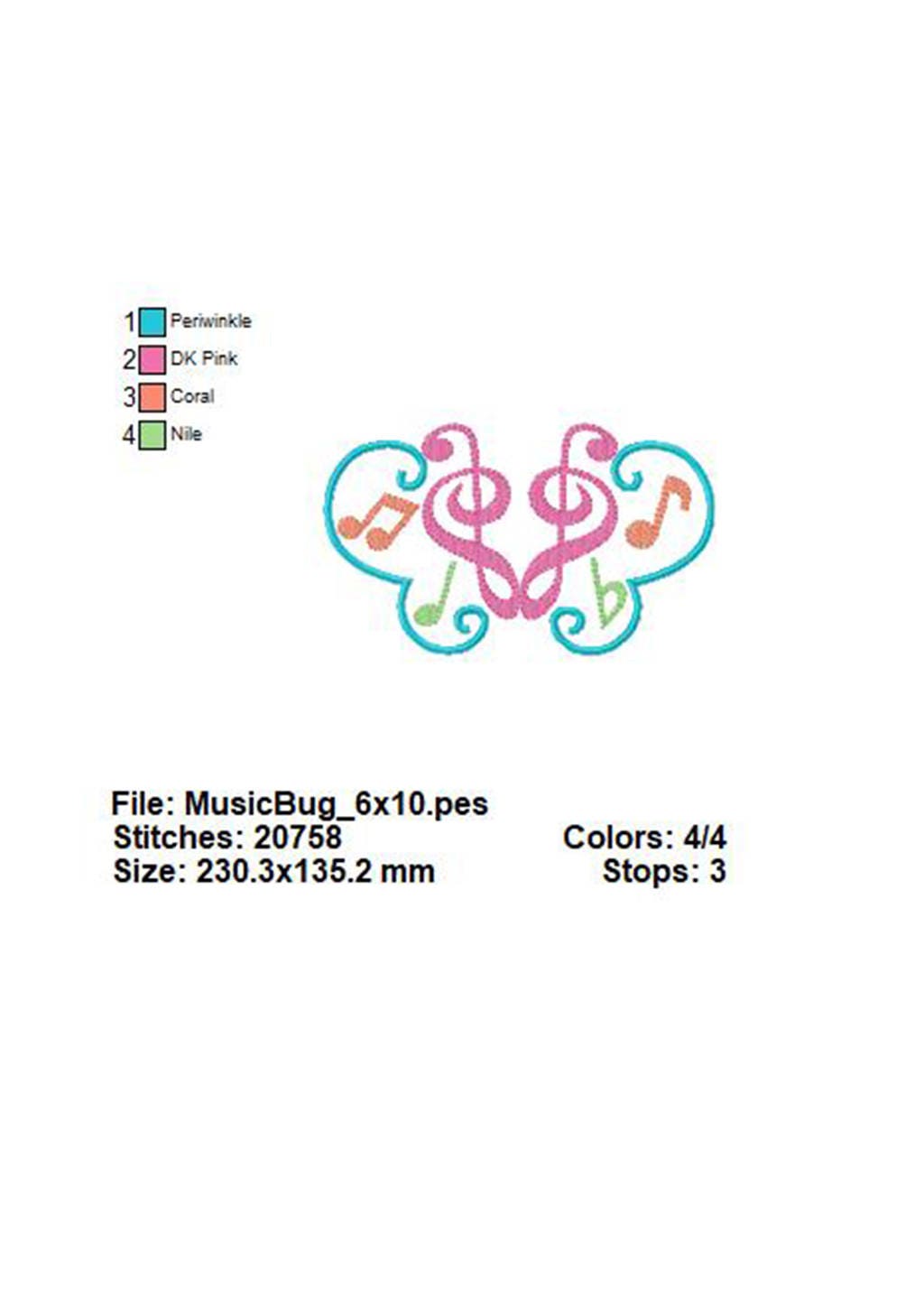 Music Notes Bug Music Bug Fill Stitch Embroidery Design, Butterfly Embroidery, Music ...