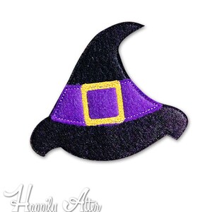May include: A black witch's hat with a purple band and a yellow buckle. The hat is a felt applique.