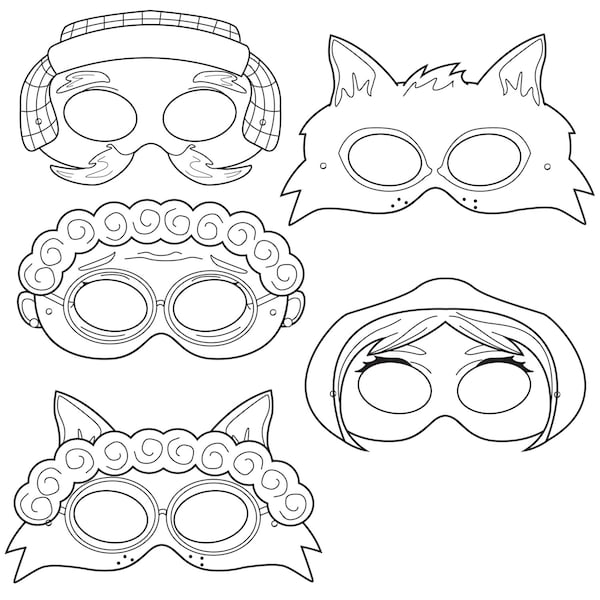 Masques de coloriage imprimables du petit chaperon rouge, petit rouge, masque de loup, grand-mère, bûcheron, rouge, masque de chaperon, costume de conte de fées, loup