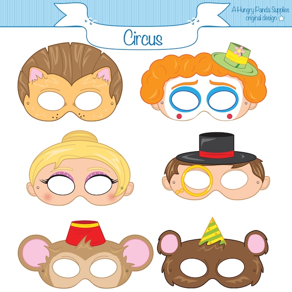 Circus Printable Party Masks, circus costume, clown mask, lion mask, bear mask, trapeze, ringmaster, monkey mask, lion costume, carnival