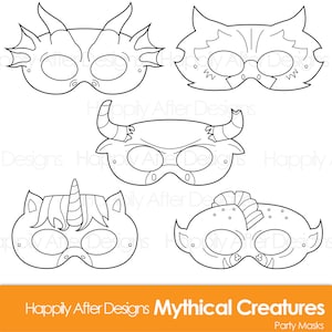 Mythical Creatures Printable Coloring Masks, dragon mask, unicorn, minotaur, troll, gryphon, creature costume, halloween, animal mask, print