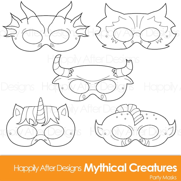 Máscaras para colorear imprimibles de criaturas míticas, máscara de dragón, unicornio, minotauro, troll, grifo, disfraz de criatura, halloween, máscara de animal, estampado