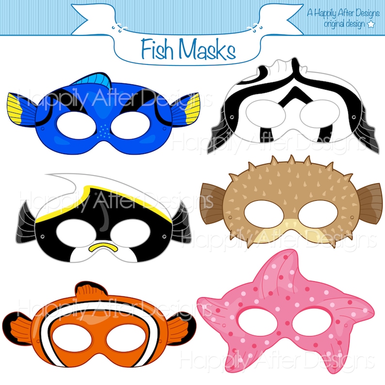 Fish Printable Masks, moorish idol, starfish mask, clownfish, pufferfish, blue tang, fish costume mask, fish costume, printable mask, sea image 1