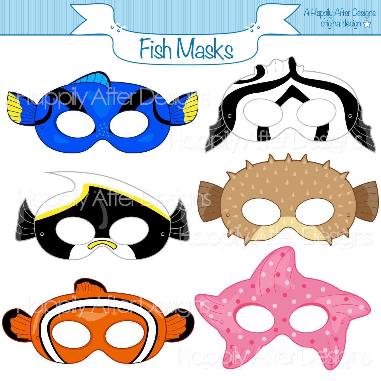 Fish Printable Masks, Moorish Idol, Starfish Mask, Clownfish