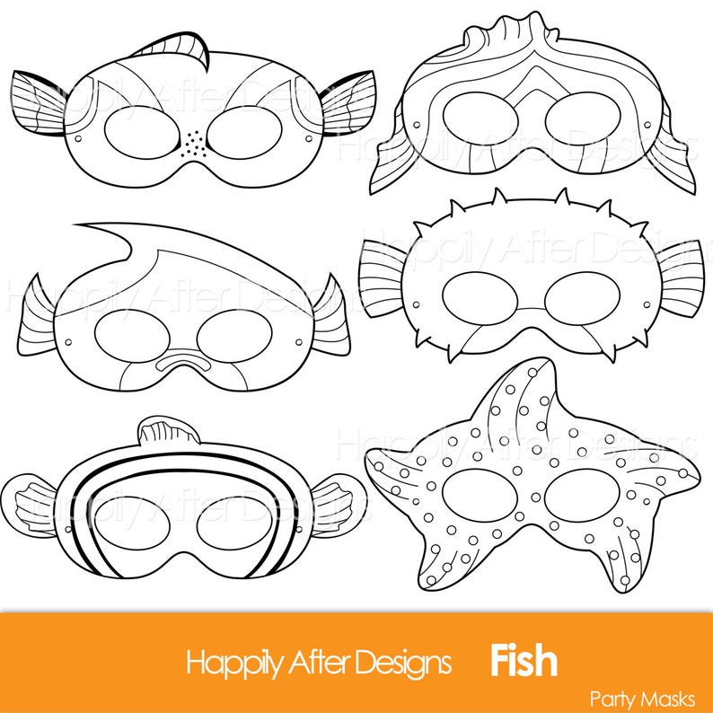 Fish Printable Coloring Masks, clownfish mask, blue tang, starfish, pufferfish, fish party, moorish idol, fish costume masks, coloring page image 1