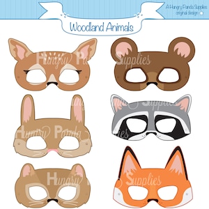 Masques imprimables d'animaux de forêt de forêt, masque d'animal de bois, masque d'ours, masque de renard, masque de raton laveur, masque de lapin, masque de cerf, tamia, masque d'enfants