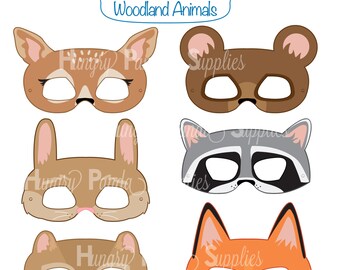 Woodland Forest Animals Printable Masks, woodland animal mask, bear mask, fox mask, raccoon mask, bunny mask, deer mask, chipmunk, kids mask