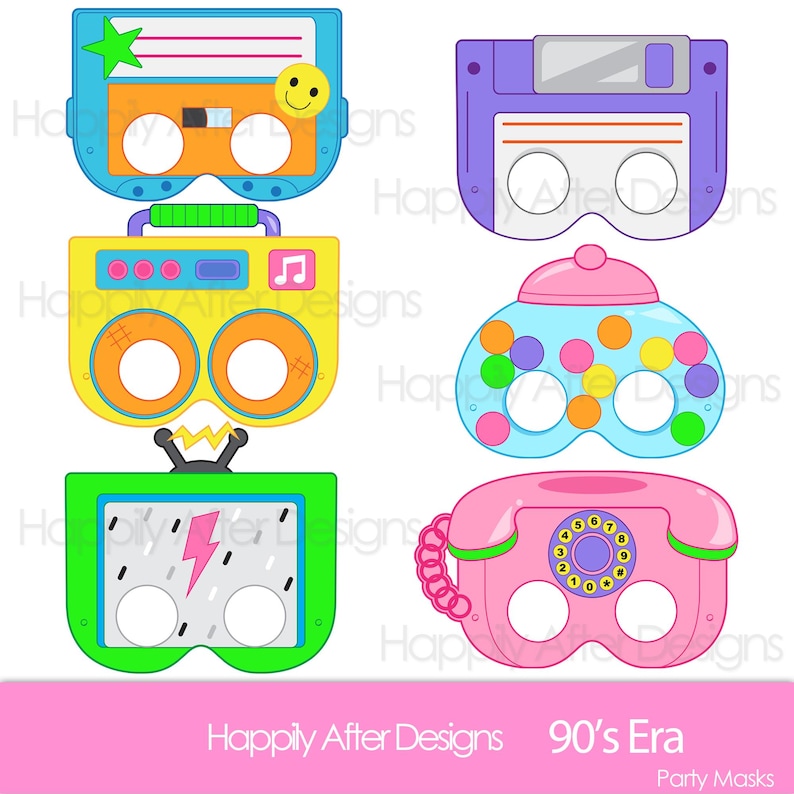 90s Era Printable Masks - Boombox - Cassette - Floppy Disk - TV ...