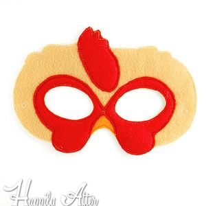 May include: A felt chicken mask for kids with red and yellow accents. The mask has eye holes and a comb on top.