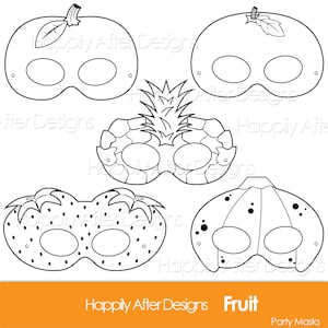 Fruits Printable Coloring Masks, strawberry mask, banana mask, orange, apple, pineapple, fruit costume mask, fruits, apple costume, oranges