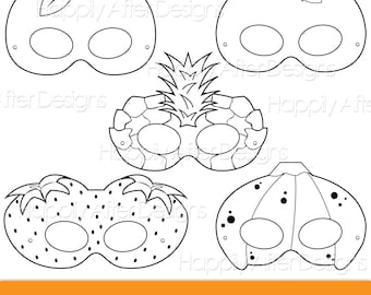 Fruits Printable Coloring Masks, strawberry mask, banana mask, orange, apple, pineapple, fruit costume mask, fruits, apple costume, oranges