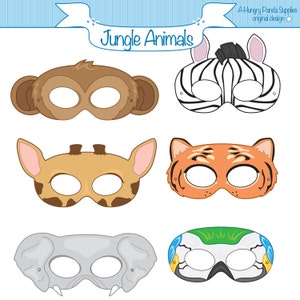 May include: A set of six printable jungle animal masks. The masks are in black and white, with the animals' features drawn in detail. The masks are designed to be cut out and worn.