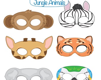 Jungle Animals Printable Masks, monkey mask, zebra, tiger, elephant, parrot, giraffe, animal mask, jungle animal, safari, tiger costume,bird