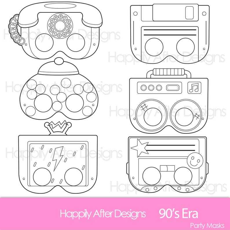 90s Era Printable Coloring Masks - Retro Mask - Mixtape - Phone Mask ...