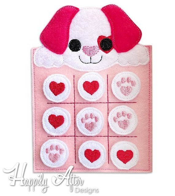 Puppy Love Tic Tac Embroidery Design, Dog Embroidery, Tic Tac Toe