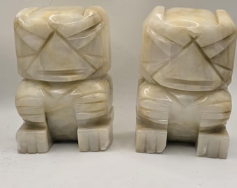 MCM Carved White Green Onyx Stone Aztec Mayan Totem Figural Bookends Set
