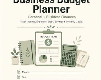 以下が含まれることがあります： CareLOGICAビジネス予算プランナーの表紙。Personal + Business Finances, Track Income, Expenses, Debt, Savings & Monthly Goalsというテキストが記載されています。ノート、予算計画クリップボード、電卓、書類の束が描かれています。