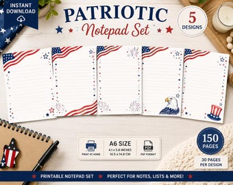 Patriotiskt anteckningsblockpaket | 150 utskrivbara sidor | Anteckningar för den fjärde juli | A5-anteckningsblockset | Skrivbordsmaterial för USA:s självständighetsdag | Direkt nedladdning