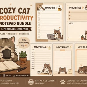 Puede incluir: Un paquete de blocs de notas Cozy Cat Productivity con cinco blocs de notas imprimibles. El diseño incluye ilustraciones de gatos con café, portátiles y plantas. Diseñado para amantes de los gatos.