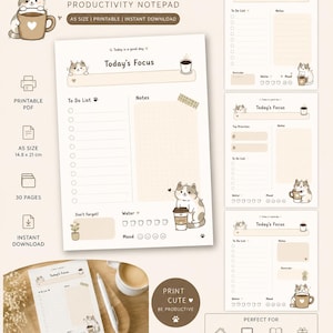 Pode incluir: Bloco de notas de produtividade de tamanho A5 com tema de gato e café. O bloco de notas apresenta uma seção "Today's Focus", uma lista de tarefas e espaço para anotações. O design inclui ilustrações de um gato com café e xícaras de café.