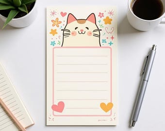 Bloco de notas imprimível com tema de gato, modelo de papel pautado A4, download digital de artigos de papelaria kawaii, páginas para lista de tarefas.