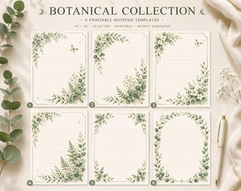 Utskrivbart botaniskt anteckningsblock, blommigt brevpapper, A6-anteckningssidor, digital nedladdning