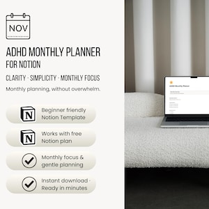 ADHD Monthly Planner for Notion Template | Monthly Focus Planner, Goals, Habits & Reflection | Minimal ADHD Friendly Notion Planner