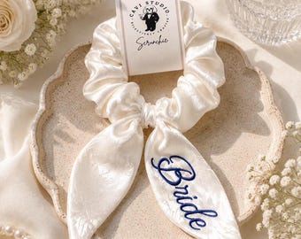 Embroidered Satin Bride Scrunchie | White Floral Wedding Hair Accessory
