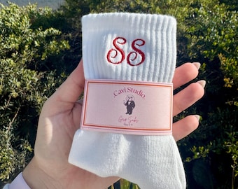 Embroidered Grip Socks, Pilates Yoga Barre Accessories, Non-Slip Cotton Crew Socks