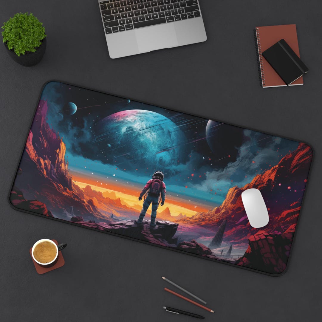 Alien Desk Feature Astronaut Space Desk Mat - Alien Planet Landscape Mouse Pad - Extended ...