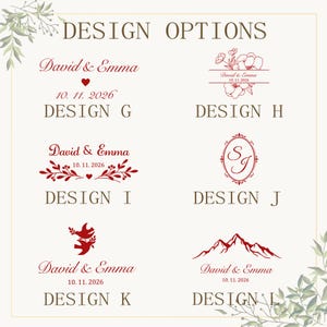 May include: A graphic display titled DESIGN OPTIONS featuring six red ink layouts labelled G through L. Each design includes the names David & Emma and the date 10. 11. 2026, accompanied by various illustrations like flowers, hearts, birds, and mountains.