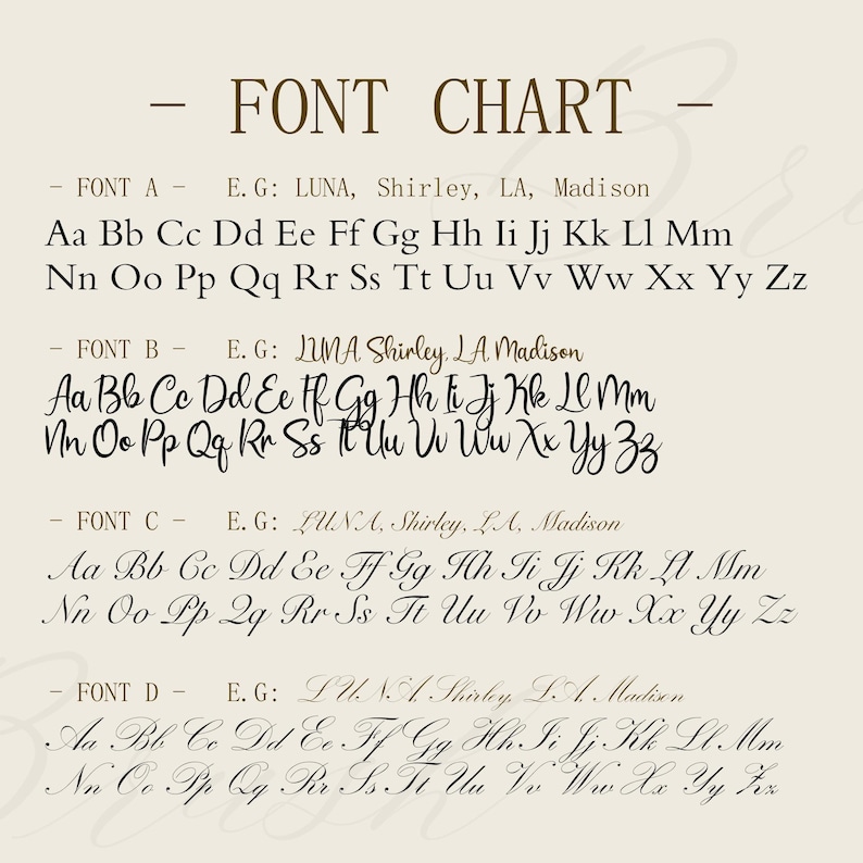 May include: A font chart displaying four distinct typeface options labeled Font A, Font B, Font C, and Font D. Each section includes the full alphabet in uppercase and lowercase letters, along with example names like LUNA, Shirley, LA, and Madison.