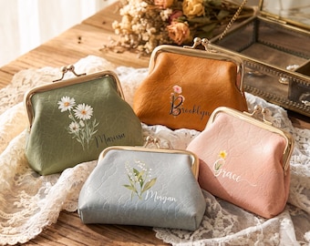 Portamonete personalizzato con fiore di nascita e nome, portamonete vintage personalizzato con chiusura a scatto, portamonete floreale, regalo per damigella d'onore, regalo di nozze