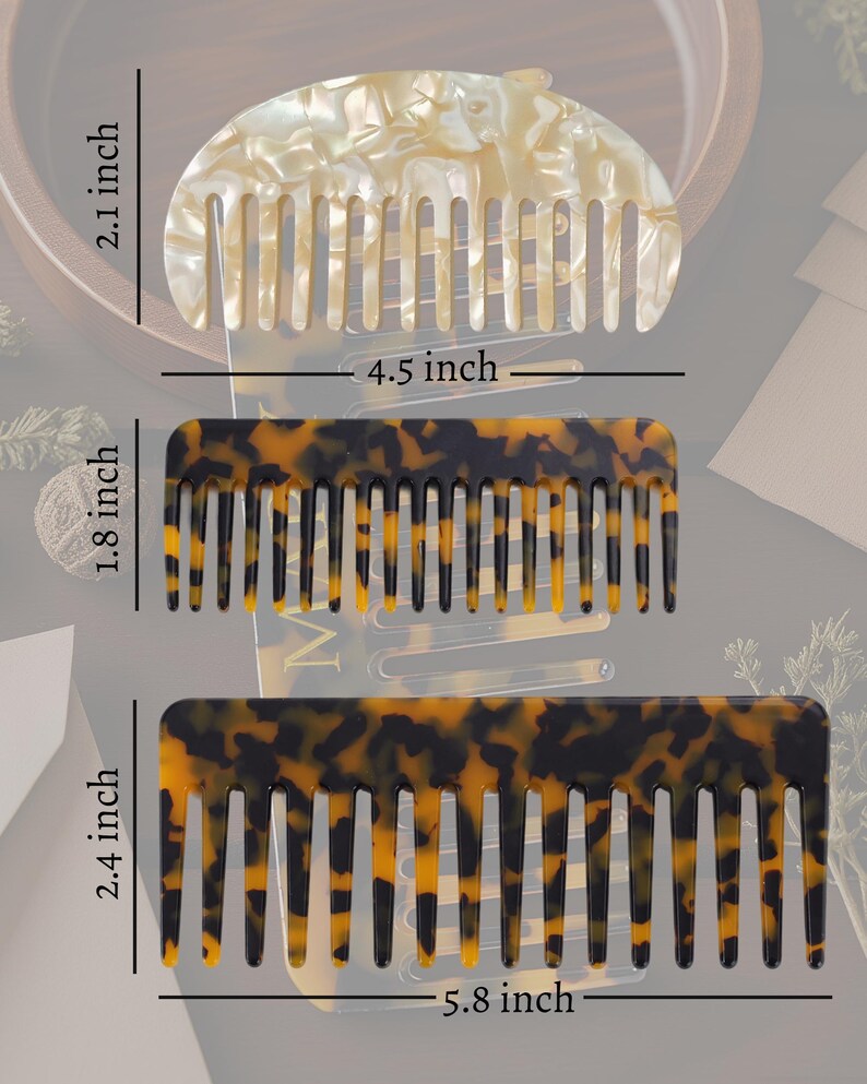 May include: Three hair combs with tortoiseshell and pearlescent patterns. The top comb is semi-circular, 2.1 inches high and 4.5 inches wide. The middle comb is 1.8 inches high. The bottom comb is 2.4 inches high and 5.8 inches wide.