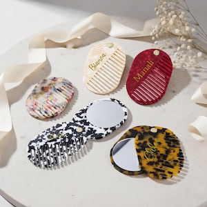 Custom Engraved Mirror Comb, Hand Painted Compact Mirror, Unique Bridesmaid Gift, Wedding Party Favor, Personalized Gift for Her