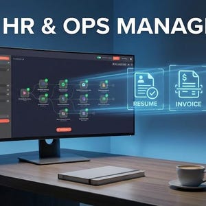 May include: A computer monitor displays a software interface with the text "AI HR & OPS MANAGER." The screen shows a workflow diagram and icons for resume, invoice, and sync functions. A notebook and a coffee cup sit on the desk.
