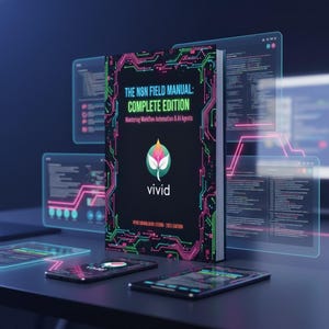 Könnte beinhalten: Ein Buch mit dem Titel "The N8N Field Manual: Complete Edition" mit dem Untertitel "Mastering Workflow Automation & AI Agents". Das Cover ist schwarz mit neon-grünen und rosa Akzenten im Leiterplattenstil und dem "vivid"-Logo. Zwei Smartphones und digitale Displays sind im Hintergrund.